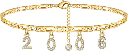 Turandoss Birth Year Number Ankle Bracelets for Women, 14K Gold Filled Dainty CZ Date Anklet Personalized Birth Year Number Ankle Bracelets for Women Beach Foot Jewelry Apparel & Accessories > Jewelry > Anklets Turandoss 2006  
