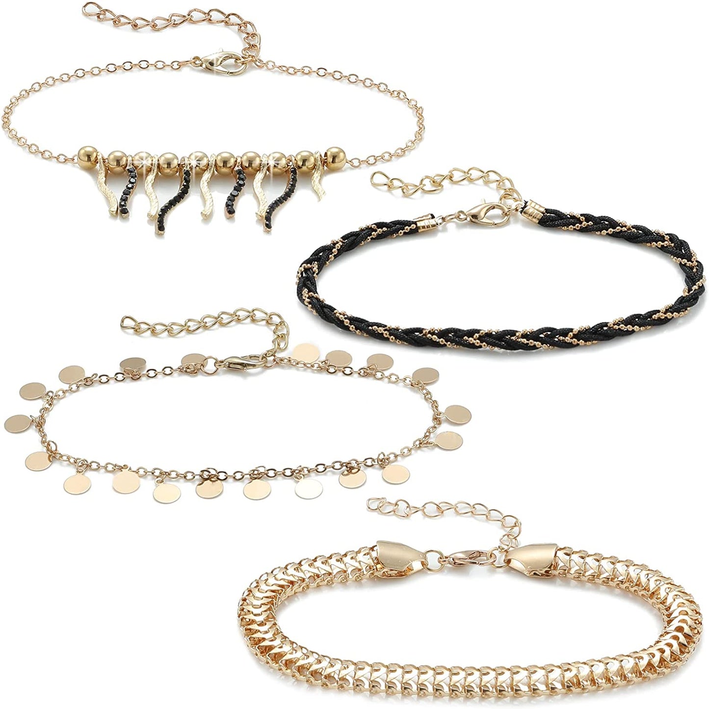 Met-Edianger 4 Pcs Women Anklets 18K Gold Bracelets Layered Anklets Set Cubic Zirconia Beach Foot Jewelry Apparel & Accessories > Jewelry > Anklets met-edianger Gold Disc Anklet  