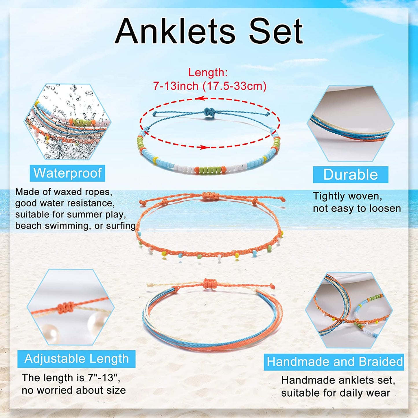 Tarsus Waterproof Adjustable Boho Ankle Bracelets Set Braided String Hawaii Anklets Jewelry Gifts for Women Teen Girls Apparel & Accessories > Jewelry > Anklets R&H Jewelry   