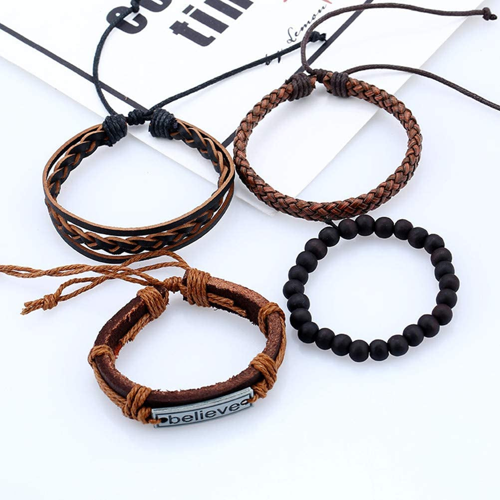 FLDC 4Pcs Braided Leather Wrap Bracelet for Men Women Cuff Bracelet Set Wood Bead Hemp Cord Woven Bracelet Wooden Beaded Multi Layer Wrist Bracelets Wristbands Adjustable Apparel & Accessories > Jewelry > Bracelets FLDC   