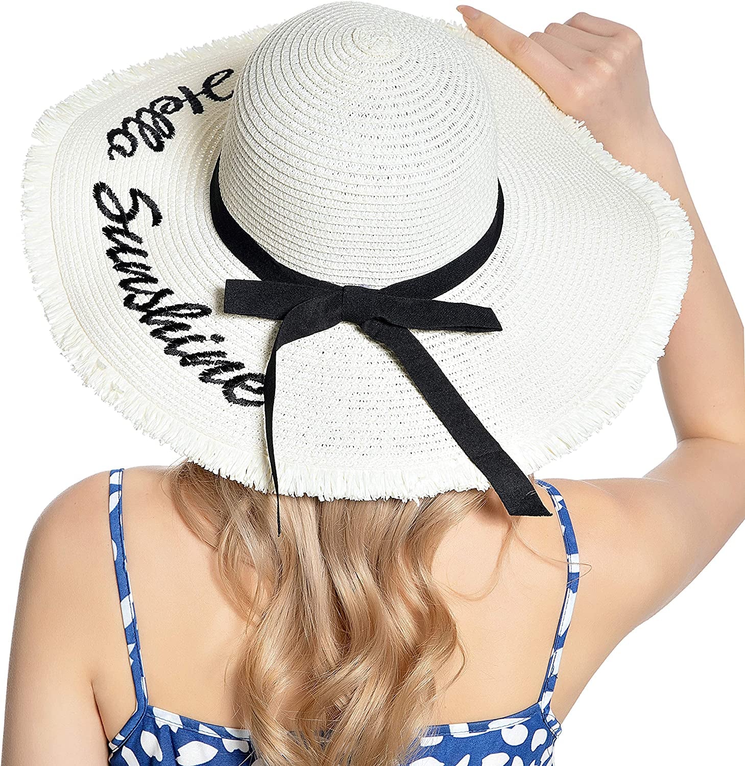 Muryobao Womens Wide Brim Straw Hat Floppy Foldable Roll up Cap Beach Sun Hat for Summer UV UPF50+ Apparel & Accessories > Clothing Accessories > Hats Muryobao White  