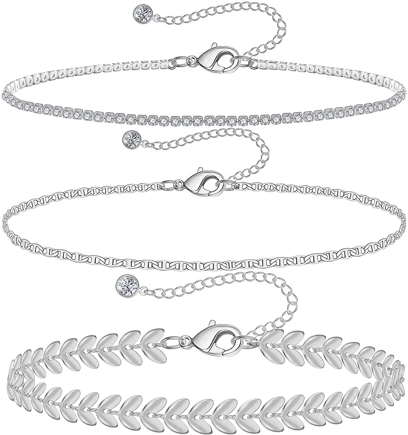 Gold Ankle Bracelets for Women 14K Gold Plated Anklet Silver Tennis Rose Quartz Cross Bead Herringbone Snake Paperclip Chain Cubic Zirconia Dainty Layered Anklet Set 3Pcs Apparel & Accessories > Jewelry > Anklets WeSparking W-White Gold-Leaf  