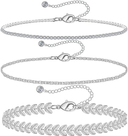 Gold Ankle Bracelets for Women 14K Gold Plated Anklet Silver Tennis Rose Quartz Cross Bead Herringbone Snake Paperclip Chain Cubic Zirconia Dainty Layered Anklet Set 3Pcs Apparel & Accessories > Jewelry > Anklets WeSparking W-White Gold-Leaf  