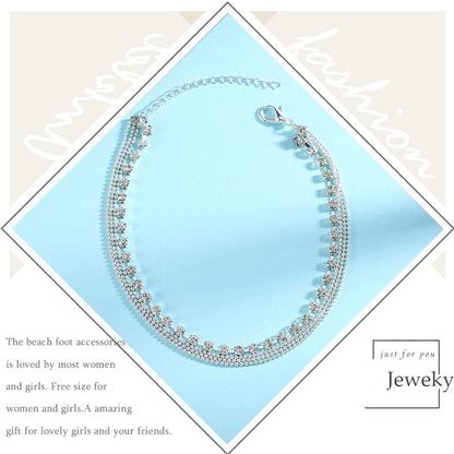 Jeweky Boho Layered Crystal Anklets Silver Rhinestone Ankle Bracelets Chain Beach Foot Jewelry for Women and Girls Apparel & Accessories > Jewelry > Anklets Jeweky   