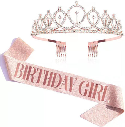 Birthday Girl Tiara and Sash - Birthday Girl Satin Sash Crystal Tiara Birthday Crown Birthday Party Supplies and Decoration Apparel & Accessories > Clothing Accessories > Sashes LATFZ Birthday Girl,rose Pink 4  