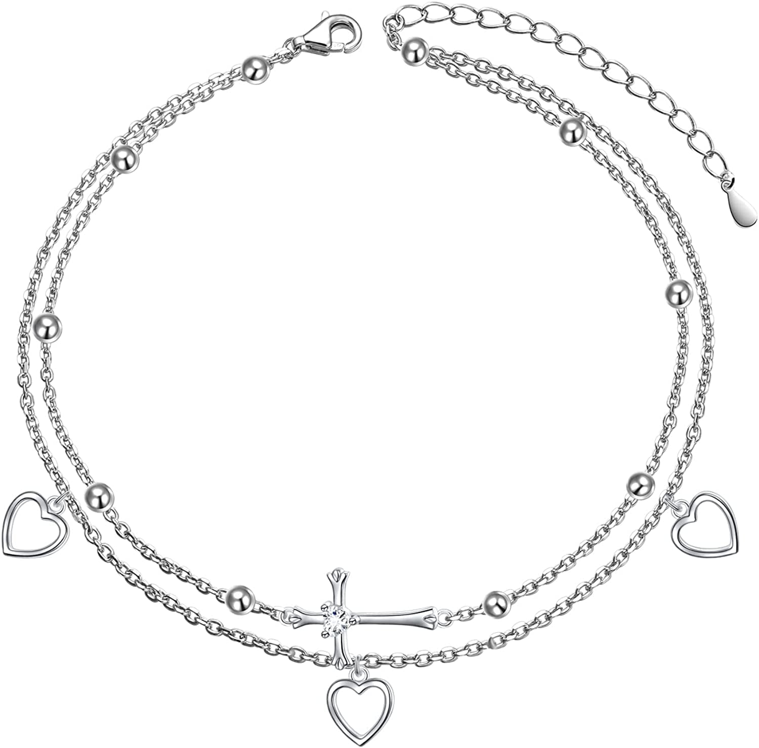 Flyow Anklet for Women S925 Sterling Silver Adjustable Foot Beaded Heart Charm Ankle Bracelet Anklets Jewelry Apparel & Accessories > Jewelry > Anklets FLYOW Cross and heart  