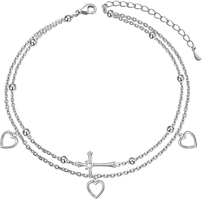Flyow Anklet for Women S925 Sterling Silver Adjustable Foot Beaded Heart Charm Ankle Bracelet Anklets Jewelry Apparel & Accessories > Jewelry > Anklets FLYOW Cross and heart  