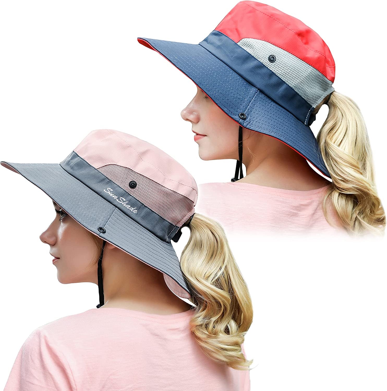 Muryobao 2 Pack Women Ponytail Summer Sun Hat UV Protection Wide Brim Foldable Safari Fishing Cap Apparel & Accessories > Clothing Accessories > Hats Muryobao 2 Pack - Red & Pink  