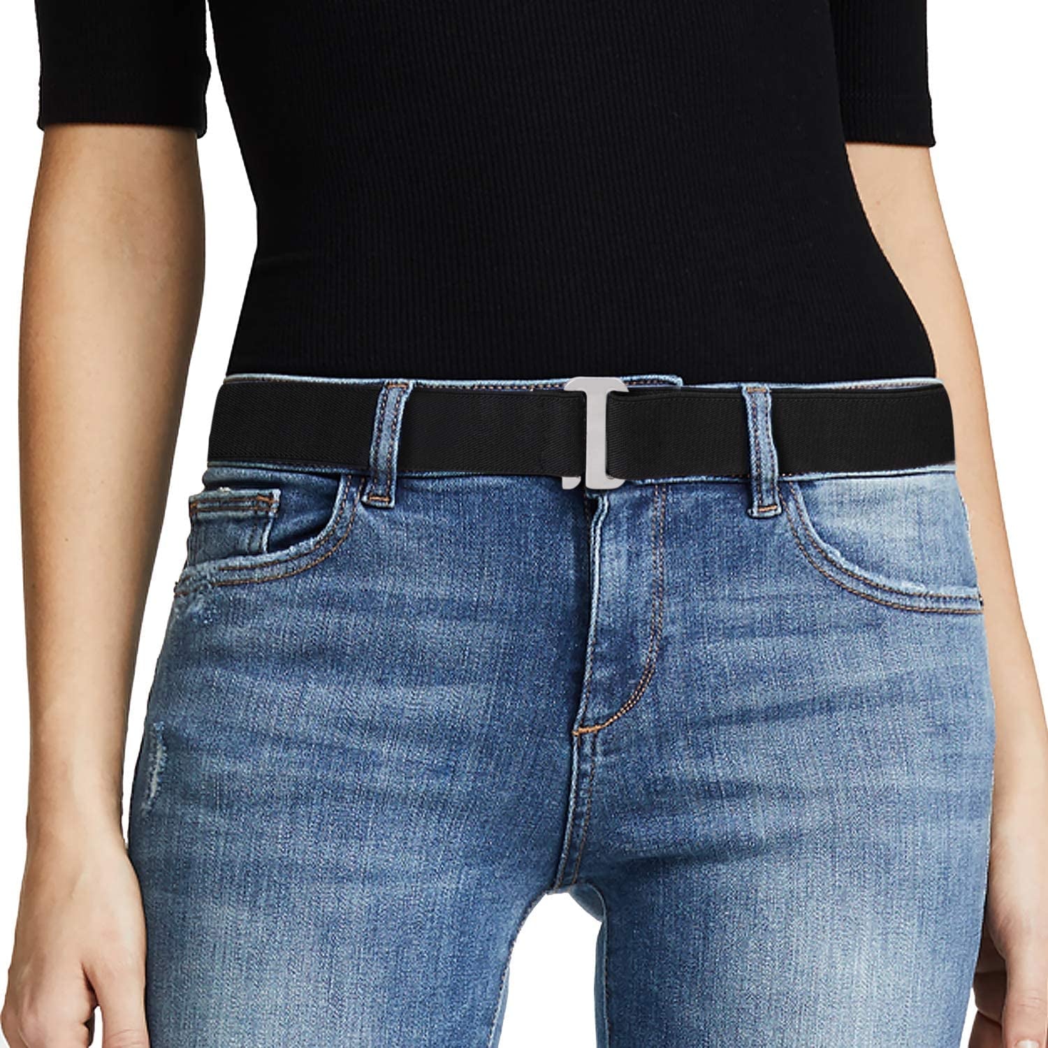 JASGOOD Women No Show Stretch Belt Invisible Elastic Web Strap Belt with Flat Buckle for Jeans Pants Dresses Apparel & Accessories > Clothing Accessories > Belts KYLIE MAX B-black-silver Color Buckle Suit for US Size 16+ 