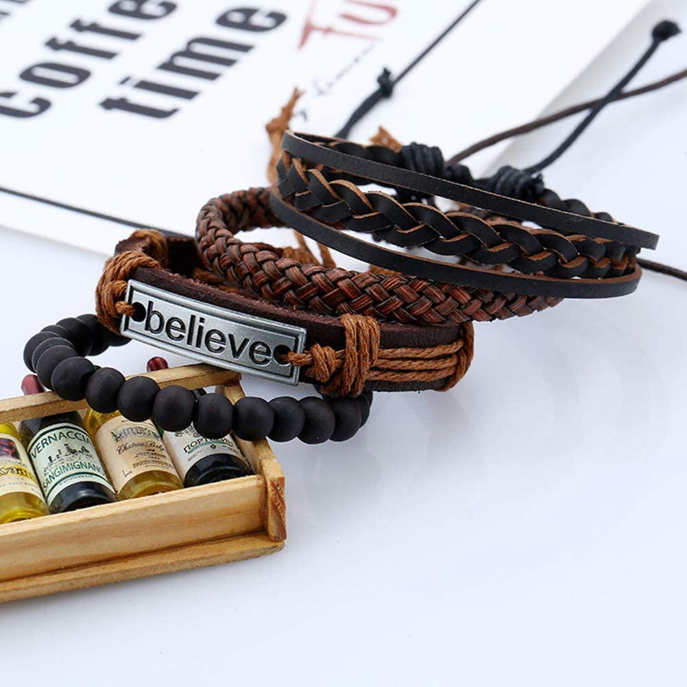 FLDC 4Pcs Braided Leather Wrap Bracelet for Men Women Cuff Bracelet Set Wood Bead Hemp Cord Woven Bracelet Wooden Beaded Multi Layer Wrist Bracelets Wristbands Adjustable Apparel & Accessories > Jewelry > Bracelets FLDC   