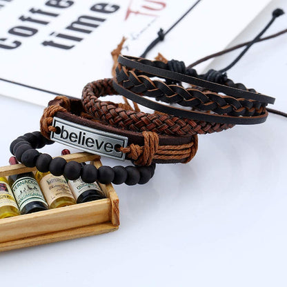 FLDC 4Pcs Braided Leather Wrap Bracelet for Men Women Cuff Bracelet Set Wood Bead Hemp Cord Woven Bracelet Wooden Beaded Multi Layer Wrist Bracelets Wristbands Adjustable Apparel & Accessories > Jewelry > Bracelets FLDC   