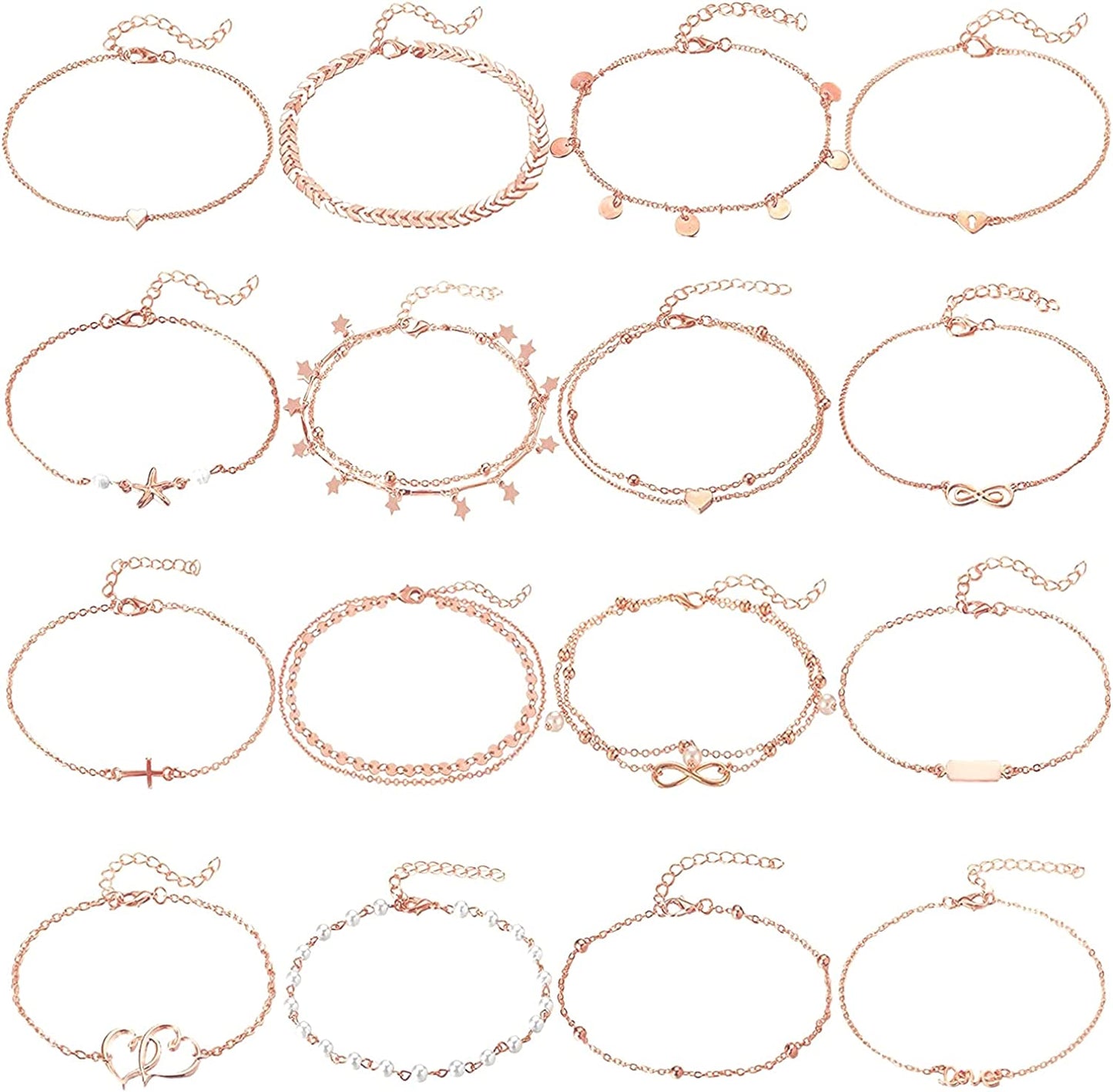 FUNEIA 12/16Pcs Anklets for Women Silver Gold Ankle Bracelets Set Boho Layered Beach Adjustable Chain Anklet Foot Jewelry Apparel & Accessories > Jewelry > Anklets Anlsen I:16pcs Rose Gold  