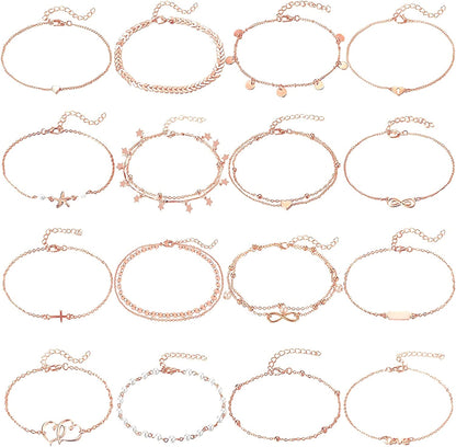 FUNEIA 12/16Pcs Anklets for Women Silver Gold Ankle Bracelets Set Boho Layered Beach Adjustable Chain Anklet Foot Jewelry Apparel & Accessories > Jewelry > Anklets Anlsen I:16pcs Rose Gold  