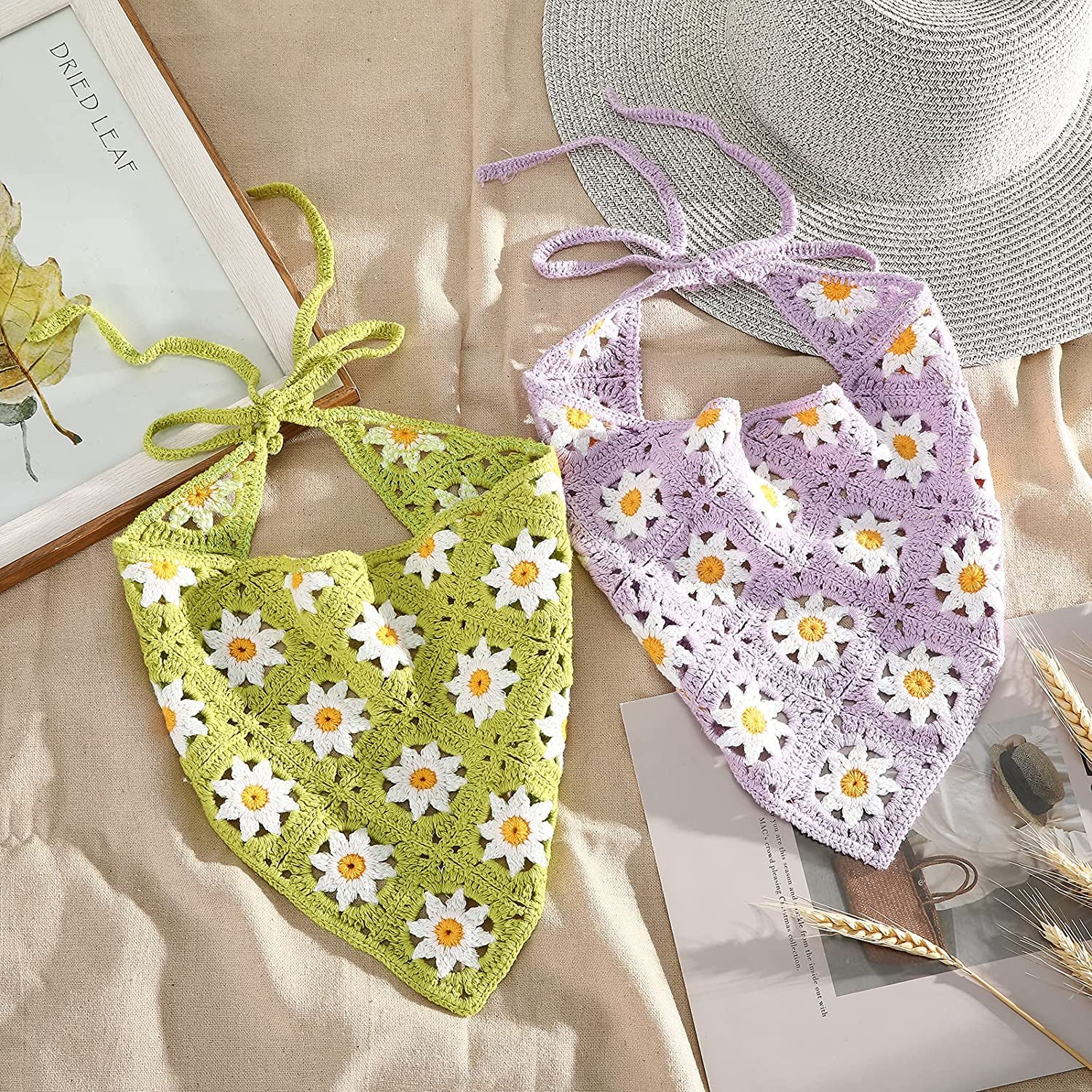 Crochet Bandana Head Kerchief Hair Scarf 2Pcs Knitted Hair Scarves Crochet Hair Kerchief Tie Bcak Headwrap Floral Hair Bandanas for Women Girls Scarf (Daisy(Purple+Green)) Apparel & Accessories > Clothing Accessories > Bandanas & Headties AWAYTR   