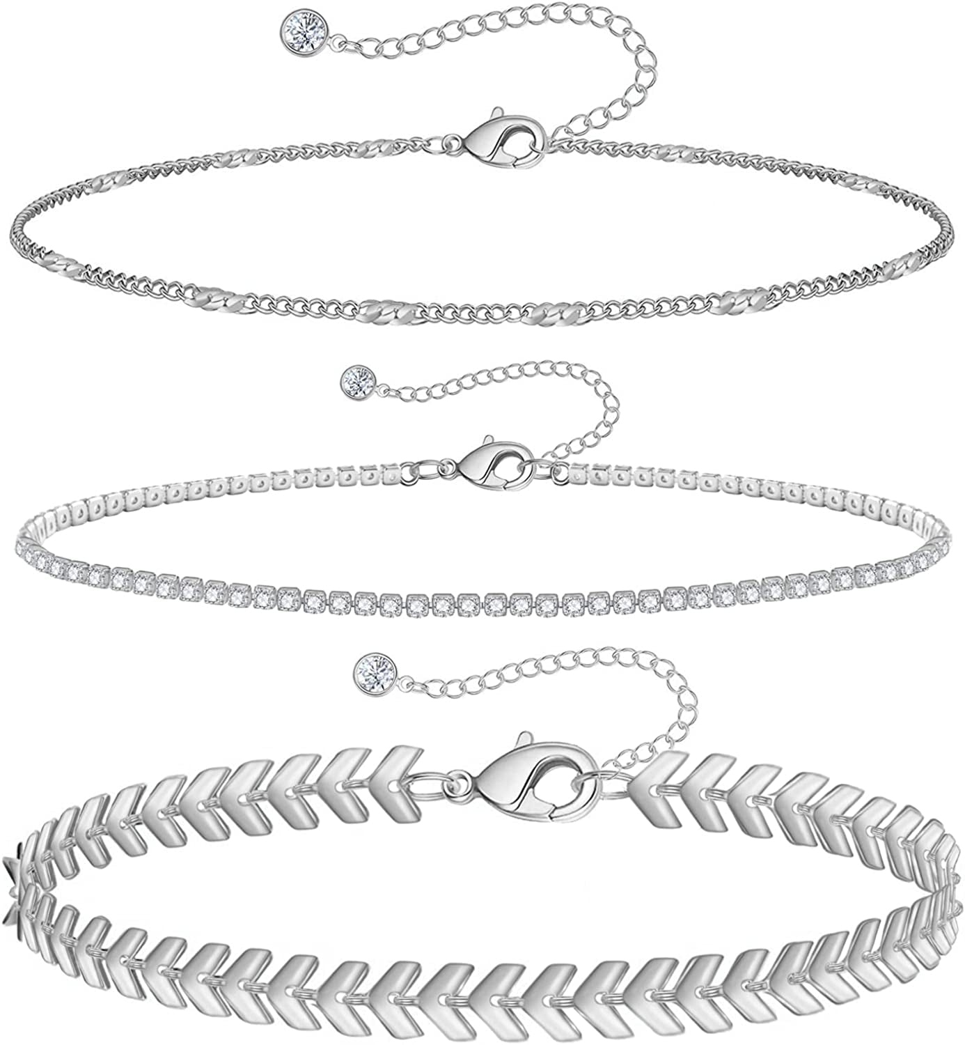 Gold Ankle Bracelets for Women 14K Gold Plated Anklet Silver Rose Gold Evil Eye Tennis Crystal Cubic Zirconia Faux Diamond Rhinestone Anklet Dainty Layered Anklet Set 3Pcs Apparel & Accessories > Jewelry > Anklets Vermeyen B-White Gold Fishbone  