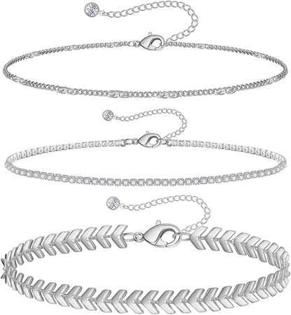 Gold Ankle Bracelets for Women 14K Gold Plated Anklet Silver Rose Gold Evil Eye Tennis Crystal Cubic Zirconia Faux Diamond Rhinestone Anklet Dainty Layered Anklet Set 3Pcs Apparel & Accessories > Jewelry > Anklets Vermeyen B-White Gold Fishbone  