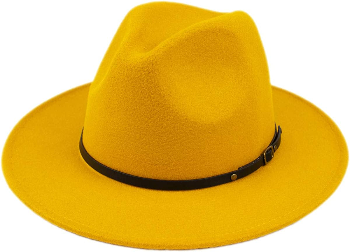 Lanzom Womens Classic Wide Brim Floppy Panama Hat Belt Buckle Wool Fedora Hat Apparel & Accessories > Clothing Accessories > Hats Lanzom Yellow One Size 