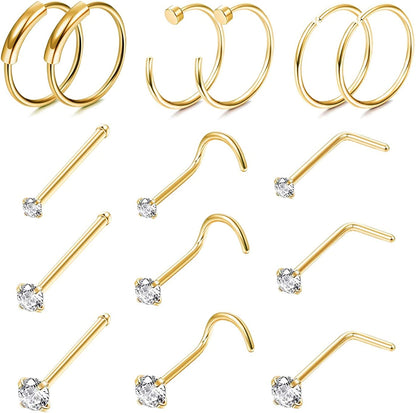 FINREZIO 15PCS 22G Surgical Steel Nose Rings Hoop Studs Cartilage Earrings Body Piercing Jewelry 1.5Mm 2Mm 2.5Mm CZ Apparel & Accessories > Jewelry > Rings FINREZIO B.Gold Nose Ring  