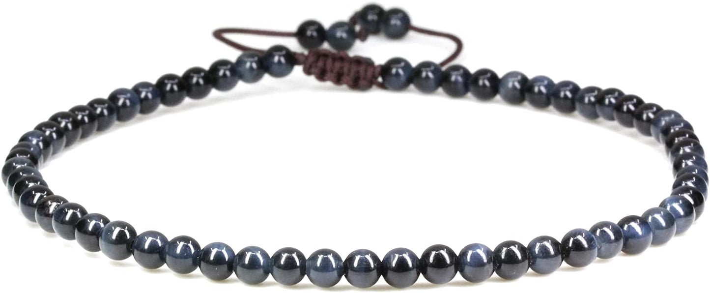 Keleny Natural Gemstone 4Mm round Bead Charm Stretch Anklet for Women Brown Rope Adjustable 8.6-11 Inch Apparel & Accessories > Jewelry > Anklets Kelenystones Blue Tiger Eye  