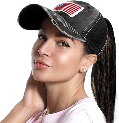 Lvaiz Womens Distressed Baseball Cap Mens Mesh Back Sport Hat Versatile Washed Dad Hat with Ponytail Hole Apparel & Accessories > Clothing Accessories > Hats Lvaiz Vigor Flag Mesh Black One Size 