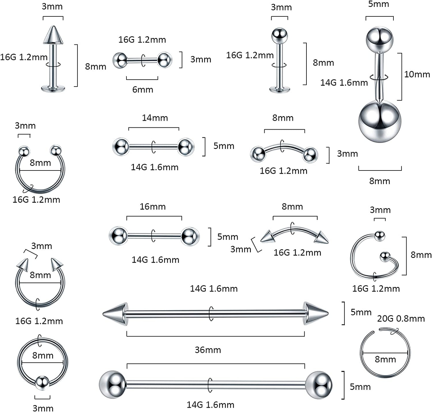 Oveta 55-150PCS Body Piercing Jewelry Lot 14G 16G 20G Stainless Steel Nose Lip Tongue Cartilage Tragus Eyebrow Industrial Barbell Belly Button Rings Piercing Kit Jewelry Apparel & Accessories > Jewelry > Body Jewelry Oveta   