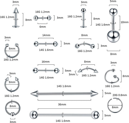 Oveta 55-150PCS Body Piercing Jewelry Lot 14G 16G 20G Stainless Steel Nose Lip Tongue Cartilage Tragus Eyebrow Industrial Barbell Belly Button Rings Piercing Kit Jewelry Apparel & Accessories > Jewelry > Body Jewelry Oveta   