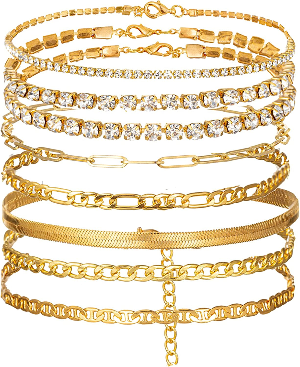 Kelistom Cuban Link Rhinestone Tennis Anklet Set for Women Teen Girls, 18K Gold or White Gold Plated Chain Ankle Bracelets for Women with Extension Apparel & Accessories > Jewelry > Anklets kelistom 5-8pcs gold  