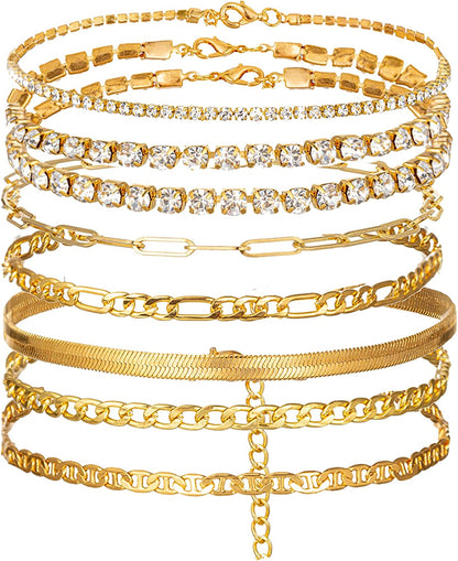 Kelistom Cuban Link Rhinestone Tennis Anklet Set for Women Teen Girls, 18K Gold or White Gold Plated Chain Ankle Bracelets for Women with Extension Apparel & Accessories > Jewelry > Anklets kelistom 5-8pcs gold  