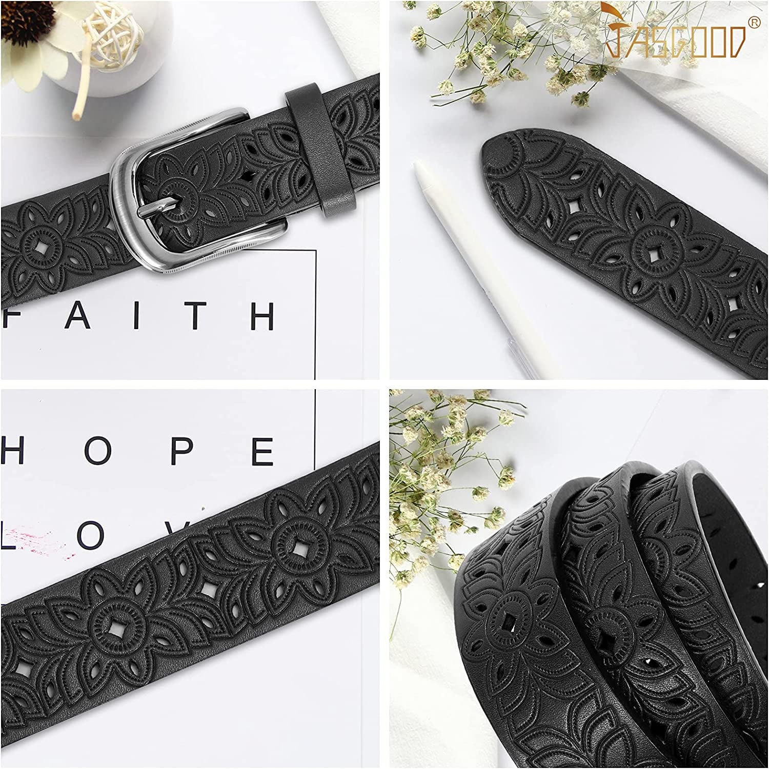 JASGOOD Hollow Leather Belt for Women, Wide Leather Belt for Jeans Pants with Pin Buckle Apparel & Accessories > Clothing Accessories > Belts KYLIE MAX   