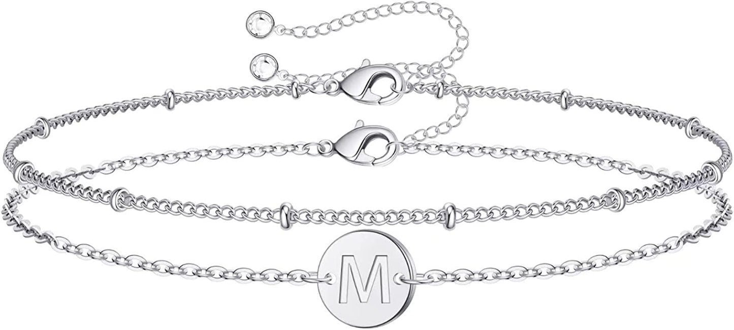 Silver Initial Bracelets for Women Teen Girls, 14K White Gold Filled Layered Letter Initial Bracelet Dainty Disc Initial Charm Bracelets Silver Bracelets for Women Girls Jewelry Gifts for Girls Apparel & Accessories > Jewelry > Bracelets MONOZO M  