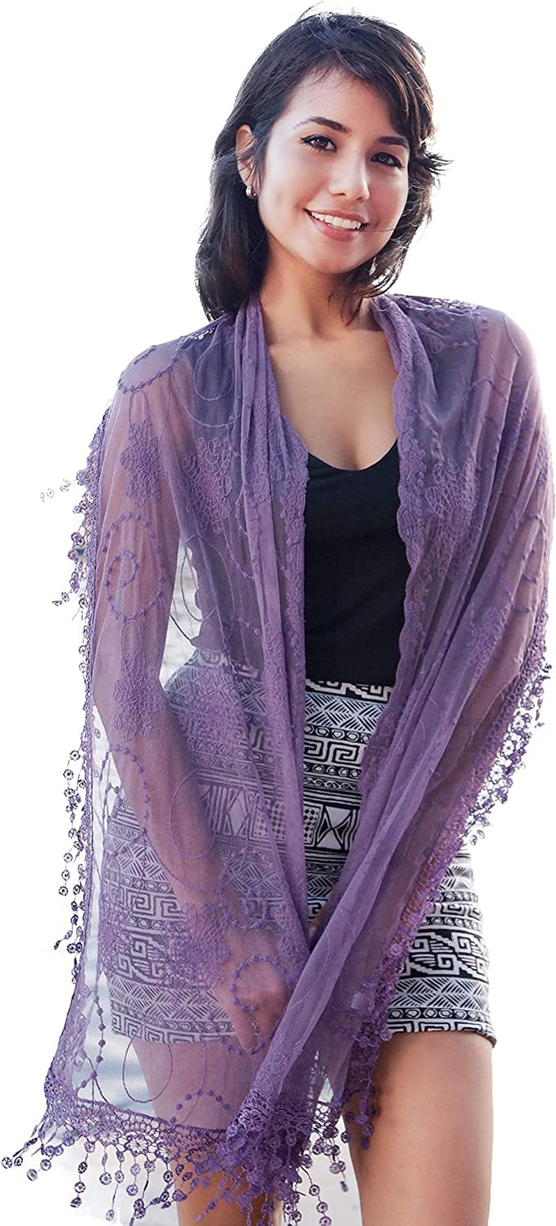 Cindy and Wendy Lightweight Soft Leaf Lace Fringes Scarf Shawl for Women Apparel & Accessories > Clothing Accessories > Scarves & Shawls Cindy and Wendy Tyh-purple  