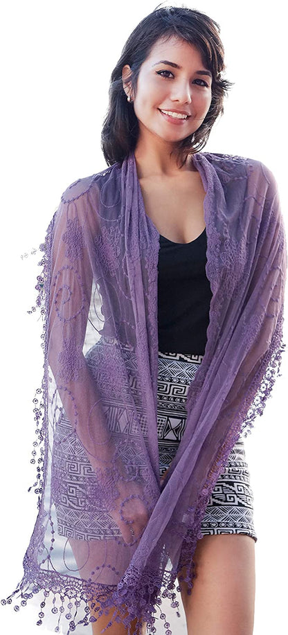 Cindy and Wendy Lightweight Soft Leaf Lace Fringes Scarf Shawl for Women Apparel & Accessories > Clothing Accessories > Scarves & Shawls Cindy and Wendy Tyh-purple  