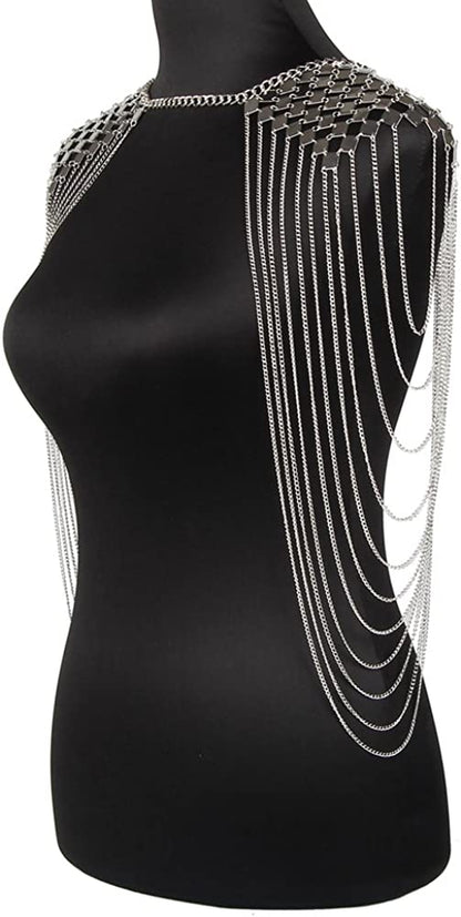Chrontier Harness Body Chain Link Epaulet Shoulder Chain Necklace Collar Dangling Tassels for Bridal Women Prom Party Wedding Dress Accessory Silver Tone Apparel & Accessories > Jewelry > Body Jewelry Chrontier   