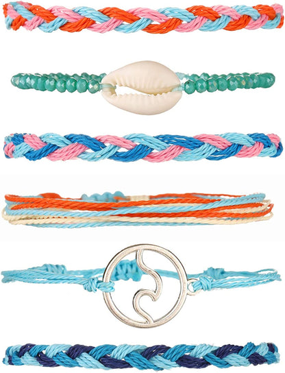 Softones VSCO String Wave Bracelets for Women Girls Handmade Colorful Waterproof Adjustable Braided Beach Bracelet Set for Women Apparel & Accessories > Jewelry > Bracelets Softones A:6Pcs Shell Wave  