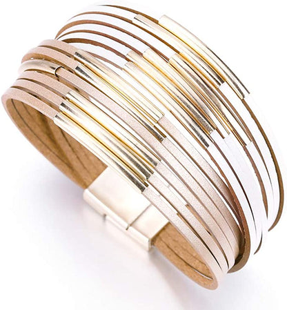 Fesciory Leather Wrap Bracelet for Women, Leopard Multi-Layer Magnetic Buckle Cuff Bracelet Jewelry Apparel & Accessories > Jewelry > Bracelets Fesciory B21-Beige and Champagne  