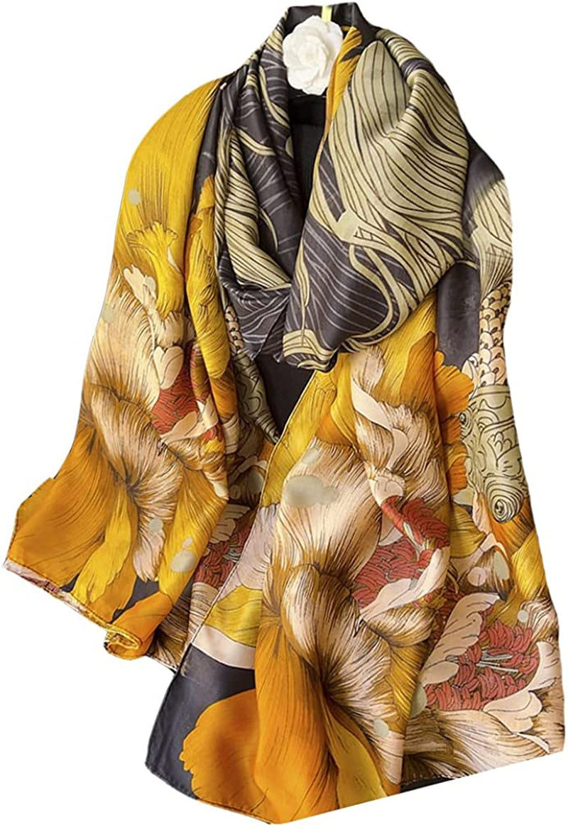 Fashion Scarves 100% Silk Felling Scarf Long Lightweight Sunscreen Shawls Wrap for Women Hair Scarves Apparel & Accessories > Clothing Accessories > Scarves & Shawls Aufeel Golden Fish  