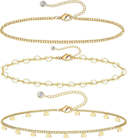 Gold Ankle Bracelets for Women 14K Gold Plated Anklet Silver Rose Gold Evil Eye Tennis Crystal Cubic Zirconia Faux Diamond Rhinestone Anklet Dainty Layered Anklet Set 3Pcs Apparel & Accessories > Jewelry > Anklets Vermeyen P-Yellow Gold-Heart  