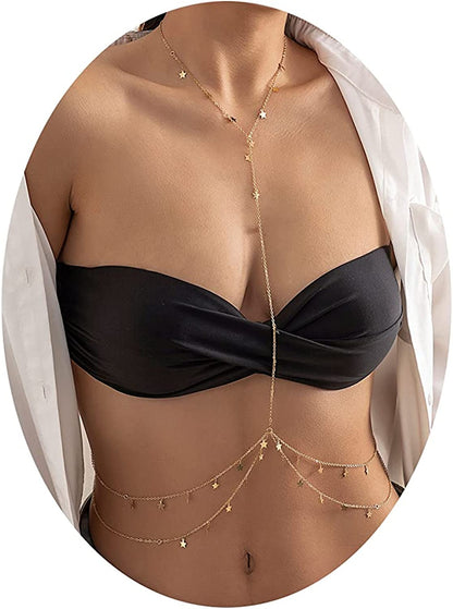 Simple Belly Chain for Women and Girls Gold Silver Star Waist Chain Beach Bikini Body Jewelry Adjustable 68-93Cm Apparel & Accessories > Jewelry > Body Jewelry MIFYNN Goldstar  