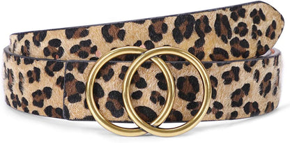 Women Leather Belt Fashion Double O-Ring Soft Faux Leather Waist Belts for Jeans Dress Apparel & Accessories > Clothing Accessories > Belts SUOSDEY A-leopard Print/Bronze Removable Buckle S: 22''-26'' Waist Size 