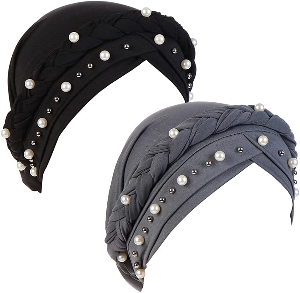 Fxhixiy Women Hijab Beading Pearl Braid Turban Hat Head Scarf Cancer Chemo Beanies Bandana Headwrap Cap Apparel & Accessories > Clothing Accessories > Headwear Fxhixiy Black/Gray  