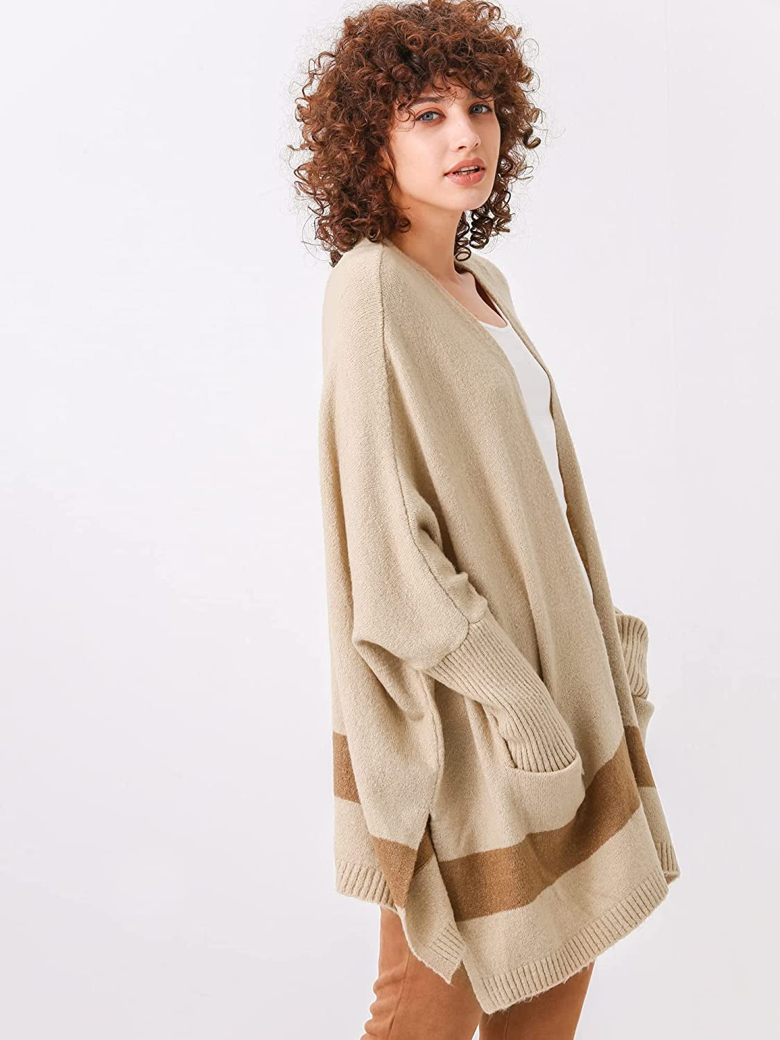 Moss Rose Women'S Open Front Cardigans Striped Batwing Sleeves Oversized Knit Pockets Sweater Coat Apparel & Accessories > Clothing Accessories > Scarves & Shawls KYLIE MAX   