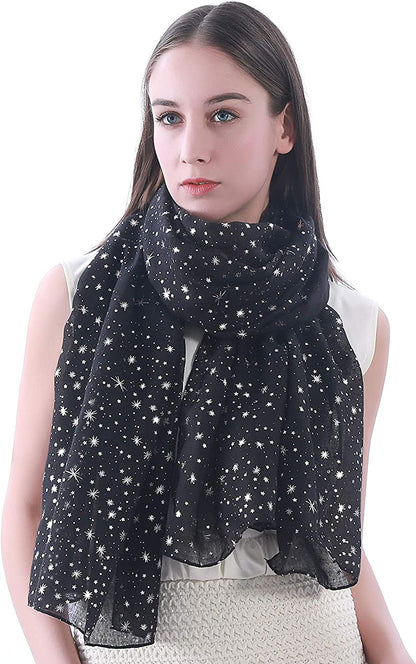 Lina & Lily Silver Gold Glitters Shimmer Foil Stars Women Scarf Shawl Wrap Apparel & Accessories > Clothing Accessories > Scarves & Shawls Lina & Lily Black (Silver Stars)  