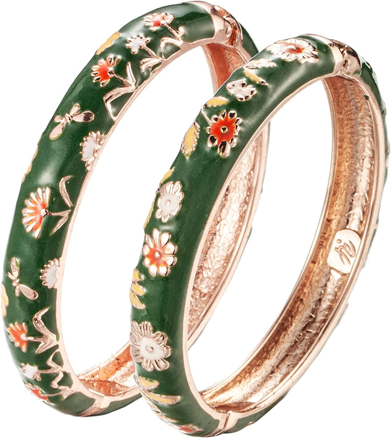 UJOY Cloisonne Bracelet Butterfly Gold Hinge Indian Cuff Bangle Enameled Jewelry Flower Bracelets for Women Gift Box 55A114 Apparel & Accessories > Jewelry > Bracelets UJOY A120-2 Pcs Set-Green  