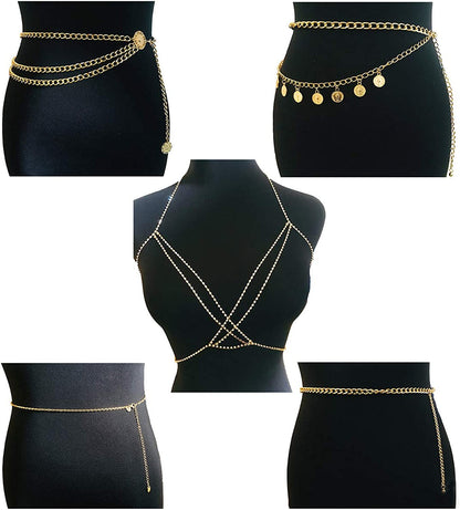 Tornito 5-6Pcs Boho Multilayer Coins Waist Chain Butterfly Sunflower Disc Golden Waist Belt Tassel Chest Sexy Body Belly Chain Double O Ring Summer Beach Bikini Bra Chain Adjustable Body Harness for Women Girls Apparel & Accessories > Jewelry > Body Jewelry Tornito A:5 Pcs  