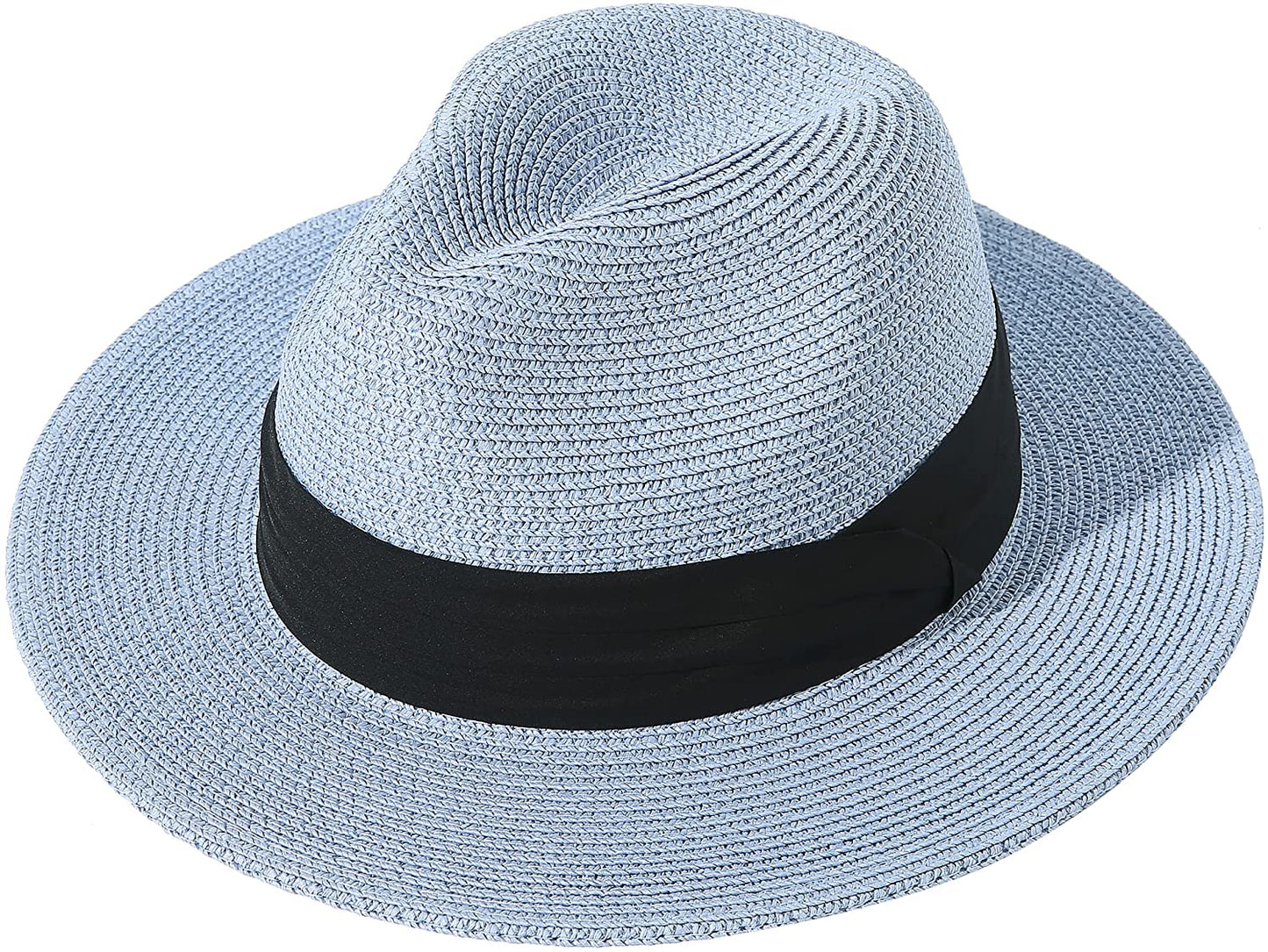 Lanzom Women Wide Brim Straw Panama Roll up Hat Belt Buckle Fedora Beach Sun Hat UPF50+ Apparel & Accessories > Clothing Accessories > Hats Lanzom Light Blue One Size 