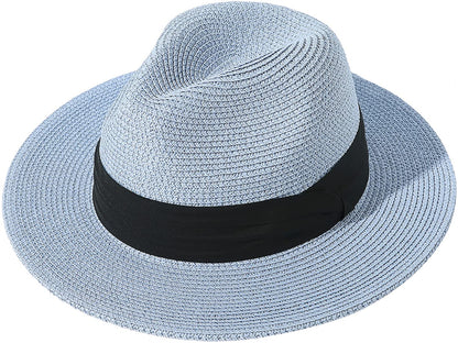 Lanzom Women Wide Brim Straw Panama Roll up Hat Belt Buckle Fedora Beach Sun Hat UPF50+ Apparel & Accessories > Clothing Accessories > Hats Lanzom Light Blue One Size 