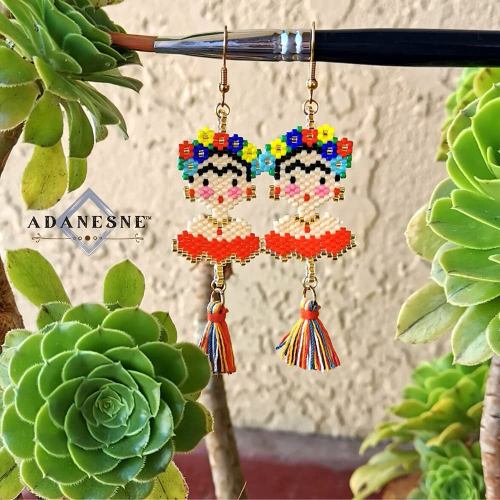 Frida Dangle Earrings - Handmade Women'S Fashion Cute Beaded Jewelry with Inspirational Display Card the Perfect Mexican Gifts for Women and Teenagers Apparel & Accessories > Jewelry > Earrings ADANESNE   