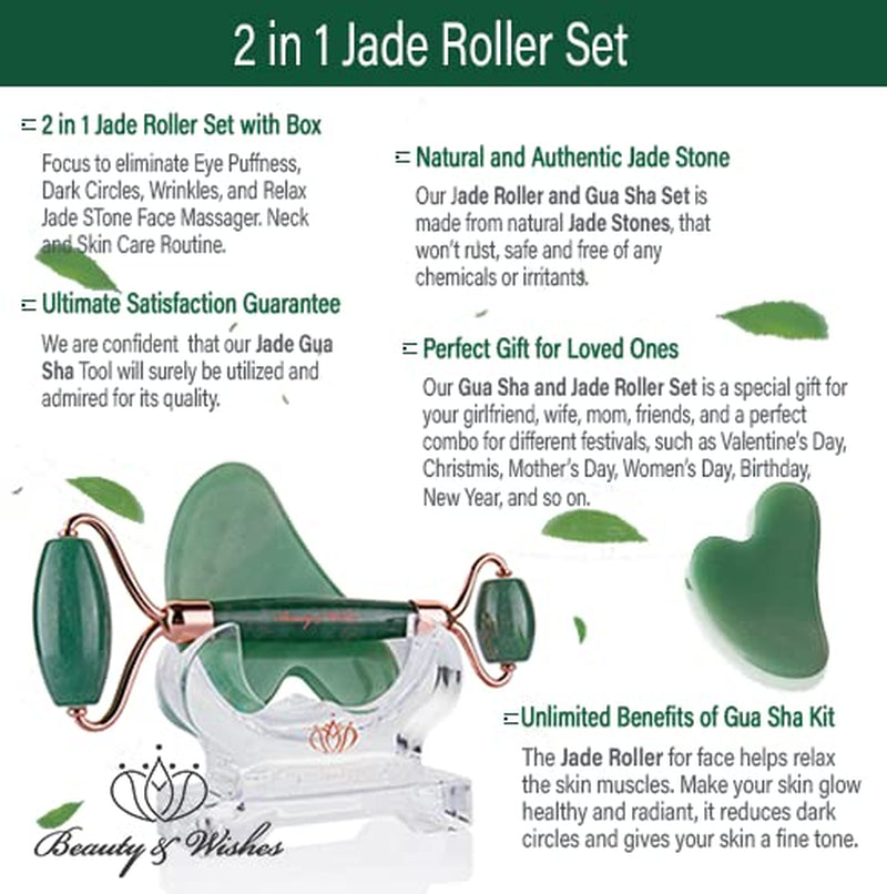 Jade Roller & Gua Sha for Face - 4 in 1 - Helps Reducing Puffiness, Wrinkles, Fine Lines - Authentic Brazilian Rose Quartz Face Massager Kit for Improved Skin Circulation, Drainage, Elasticity Health & Beauty > Personal Care > Cosmetics > Cosmetic Tools > Skin Care Tools BEAUTY & WISHES Aventurine  