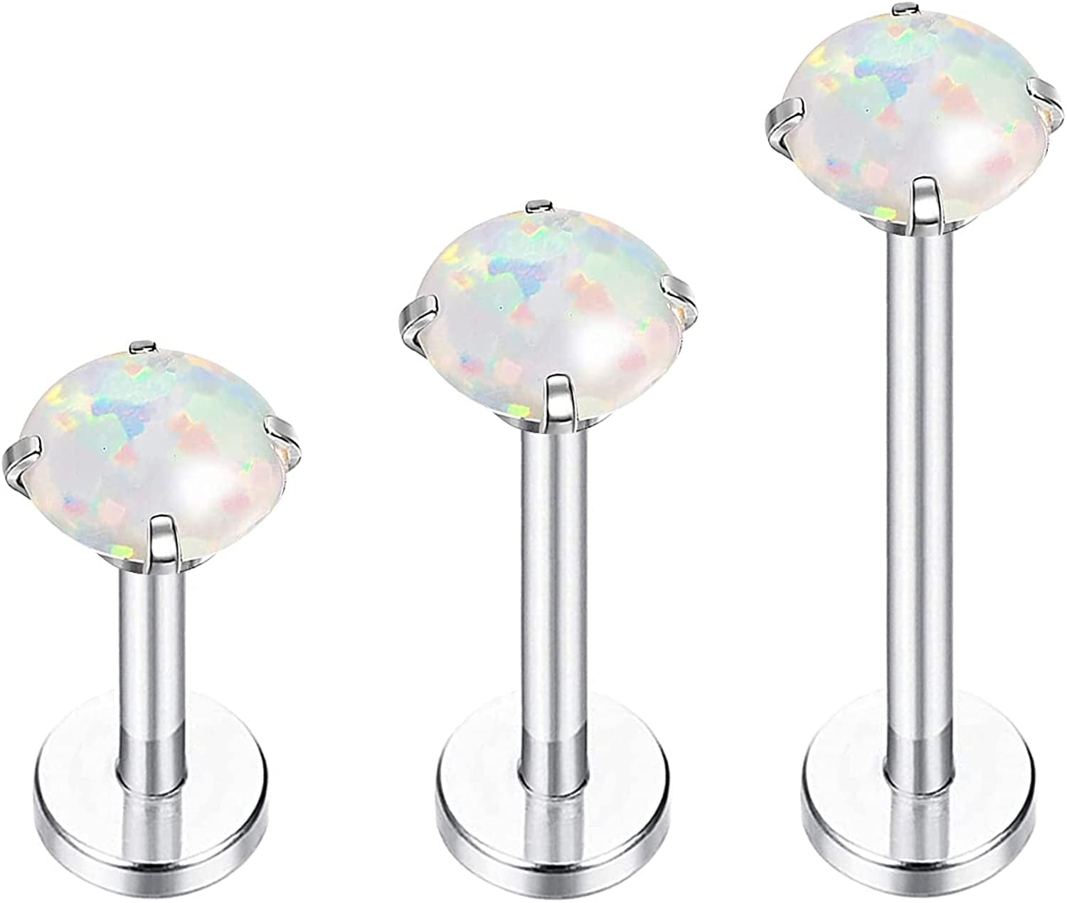 Bodyj4You 3PC Labret Tragus Stud Earrings | 16G Surgical Stainless Steel CZ Crystal | Monroe Helix Cartialge Conch Medusa Lip | Body Piercing Jewelry Set Apparel & Accessories > Jewelry > Body Jewelry BodyJ4You White Created-Opal  