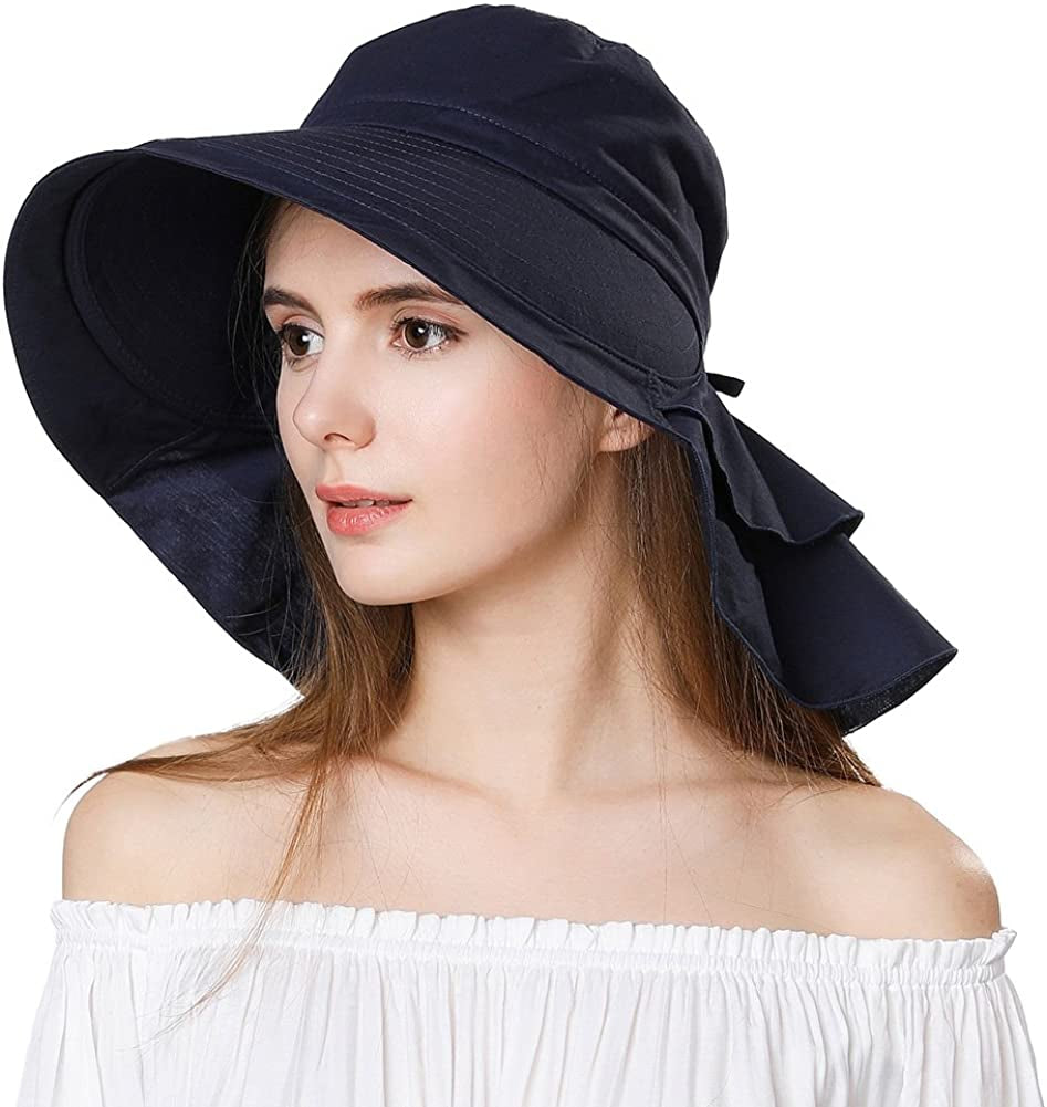 Siggi Summer Pony Tail Flap Cap UPF 50+ Cotton Sun Hat with Ponytail Hole Neck Cover Cord for Women 55-61Cm Apparel & Accessories > Clothing Accessories > Hats Comhats 69085_navy Large 